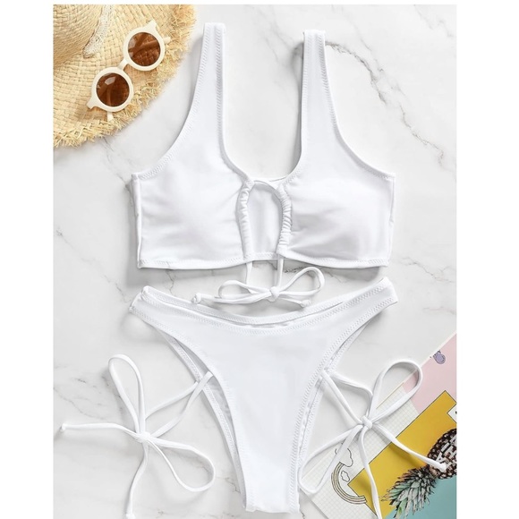 Push Up Bikini for High Cut Cheeky Bottom Swimsuit Thong Strappy Cut Out White M - Picture 5 of 12